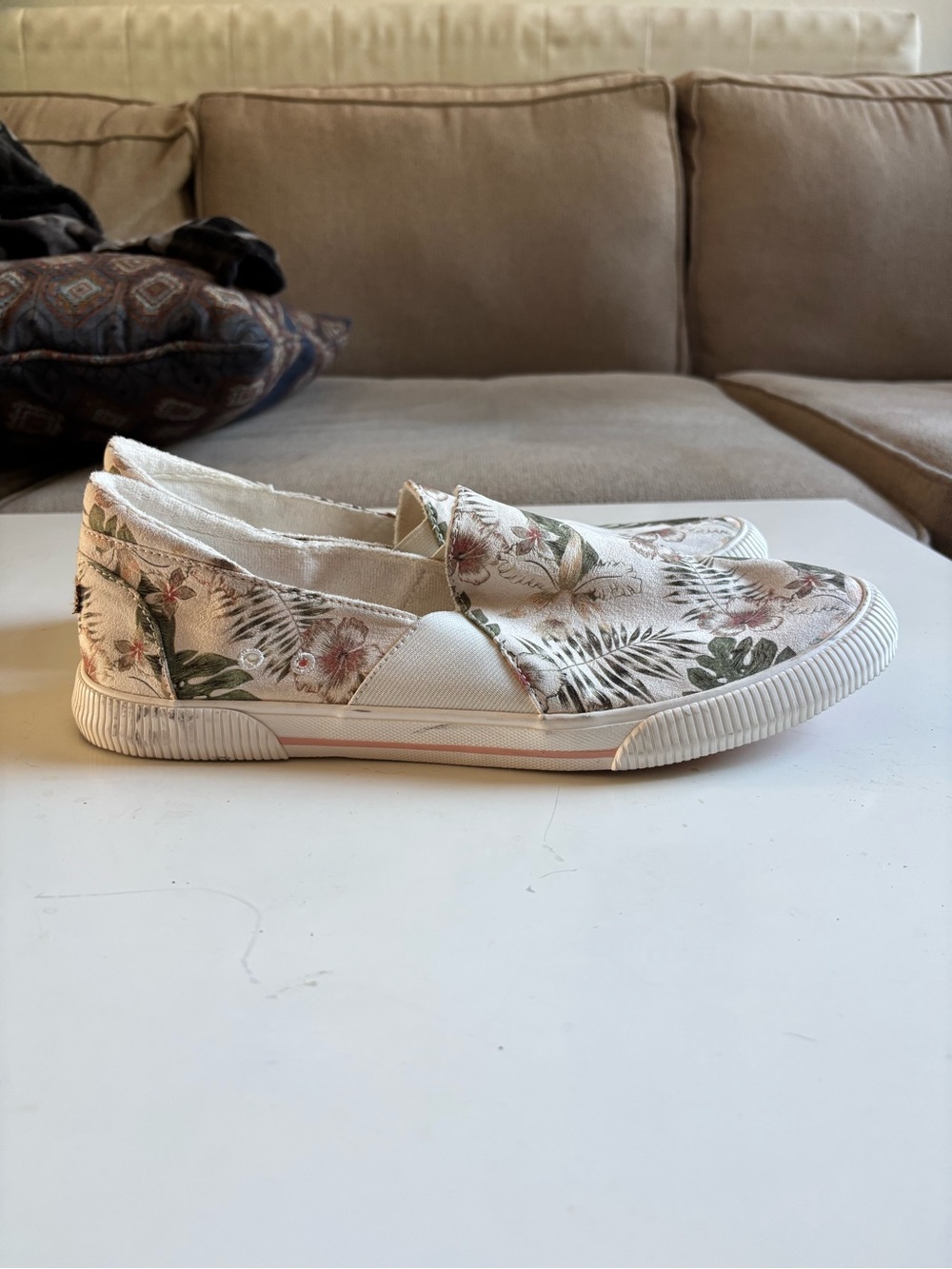 Casual Floral Slip-On Sneakers - White with Green & Pink Accents